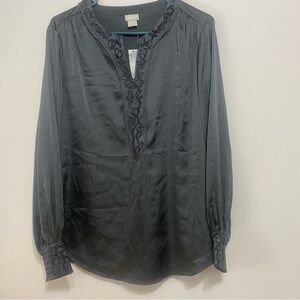 Chicos Chenile Soutache Satin Blouse Grey Sz 1 (8/10) Party Holiday $109